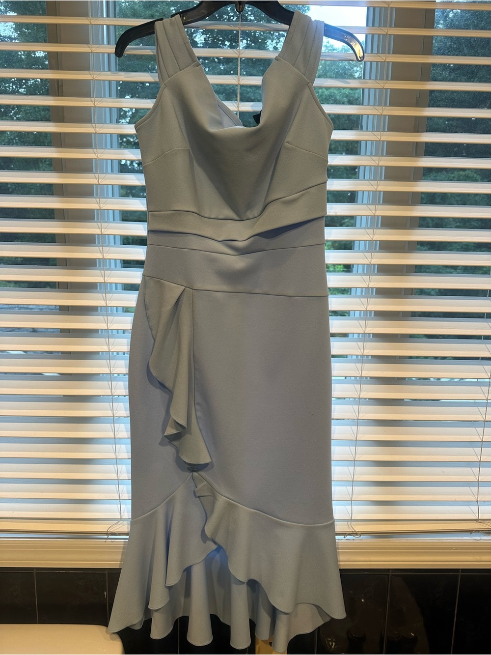 Light Blue Sleeveless Ruffle Midi Dress